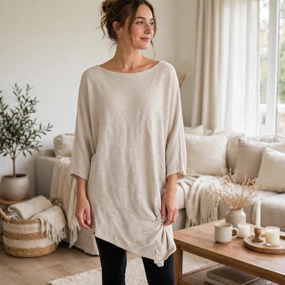 Vince Camuto Ribbed Dolman Sleeve Knit Tunic Top Beige Size L